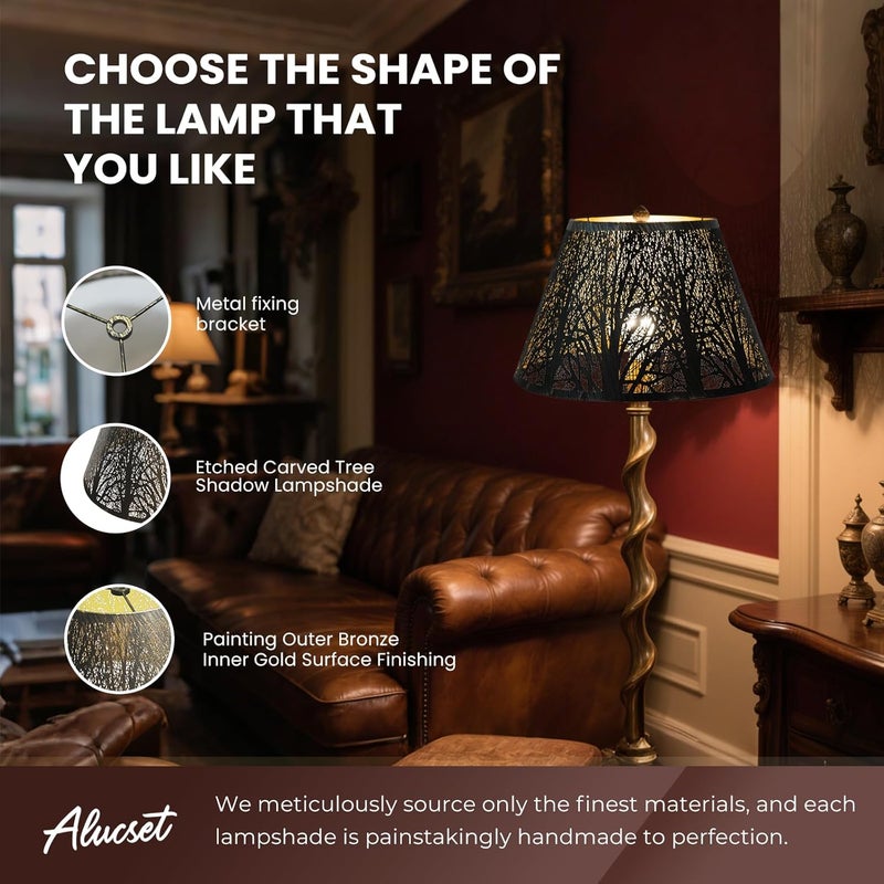 ALUCSET Metal Lamp Shade, Barrel Lampshade with Pattern of Trees Lampshades for Table Lamp, Metal Lamp Shades 7" Top x 13" Bottom x 7.8" High Spider Fitter, Bronze Gold - Image 2